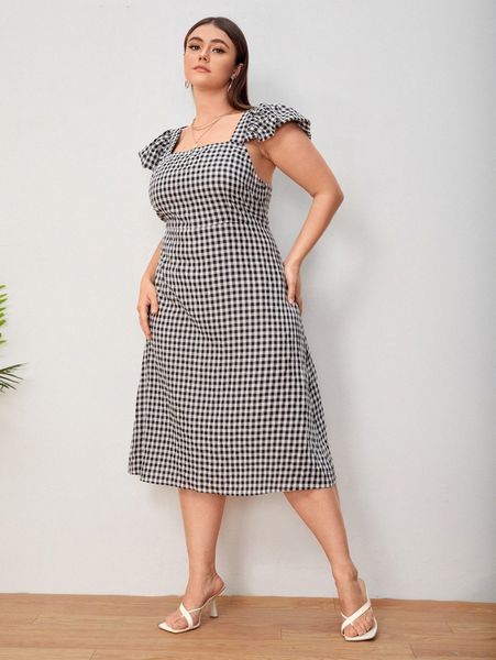 plus gingham print butterfly sleeve dress k80w#, Black 
plus gingham print butterfly sleeve dress k80w#, Black