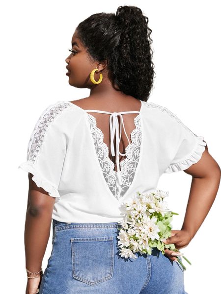 plus floral embroidery mesh insert scallop trim tie back batwing sleeve 46jz#, Black
plus floral embroidery mesh insert scallop trim tie back batwing sleeve 46jz#, Black
