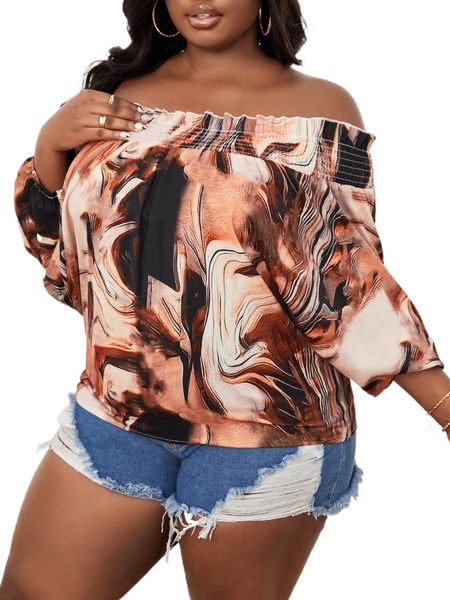 plus graphic print off shoulder shirred frilled lantern sleeve blouse f14v#, Black
plus graphic print off shoulder shirred frilled lantern sleeve blouse f14v#, Black