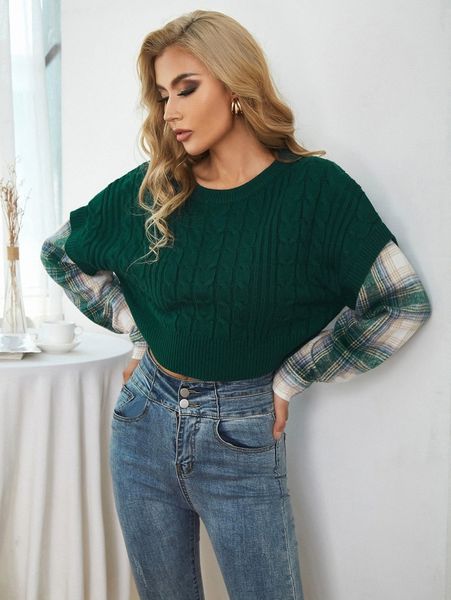 kate kasin contrast plaid print sleeve cable knit sweater c28t#, White;black
