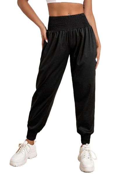 shirred waist solid sports pants d7rl#, Gray