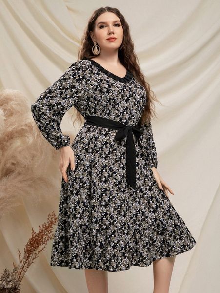 plus allover print ruffle trim lantern sleeve belted dress 27vt#, Black
plus allover print ruffle trim lantern sleeve belted dress 27vt#, Black