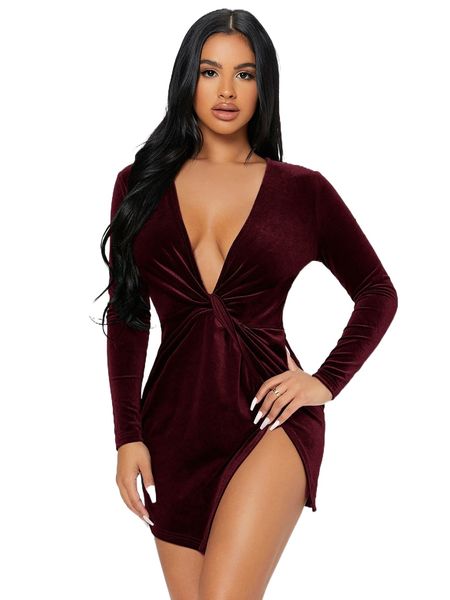 petite twist front wrap velvet dress n4rz#, Black;gray