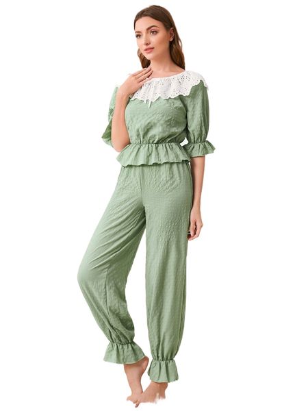 eyelet embroidery bow front flounce sleeve peplum pj set 97em#, Black;red
eyelet embroidery bow front flounce sleeve peplum pj set 97em#, Black;red