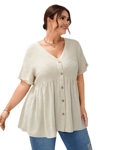 plus solid button front peplum blouse 36b9#, Black