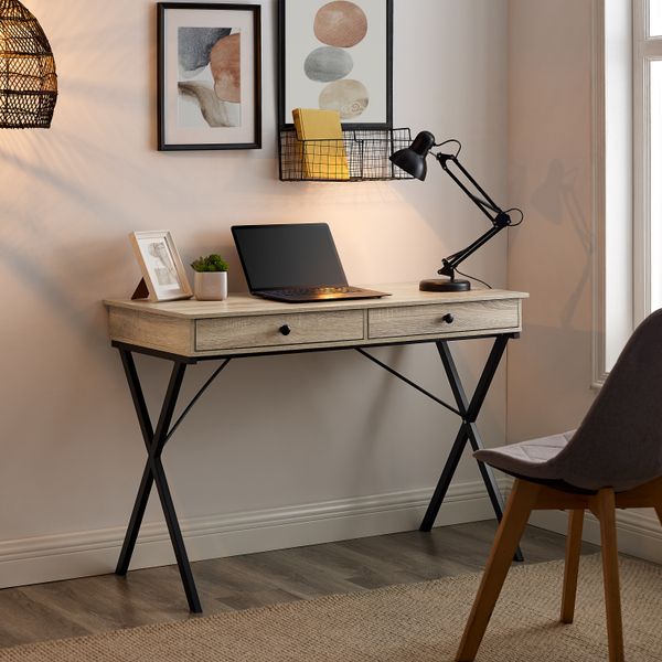 living room furniture weathered oak 2 drawers writing desk with black stoving varnish steel frame mdf table top
living room furniture weathered oak 2 drawers writing desk with black stoving varnish steel frame mdf table top
