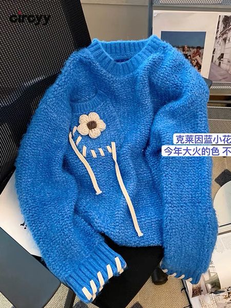 circyy sweater women long sleeve blue o-neck knitted pullovers floral korean sweet simple loose autumn winter jumpers, White;black
circyy sweater women long sleeve blue o-neck knitted pullovers floral korean sweet simple loose autumn winter jumpers, White;black