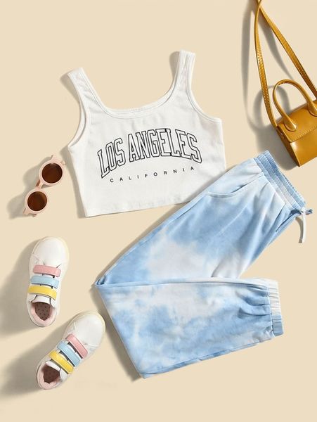 girls letter graphic tank & tie dye sweatpants she, White 
girls letter graphic tank & tie dye sweatpants she, White