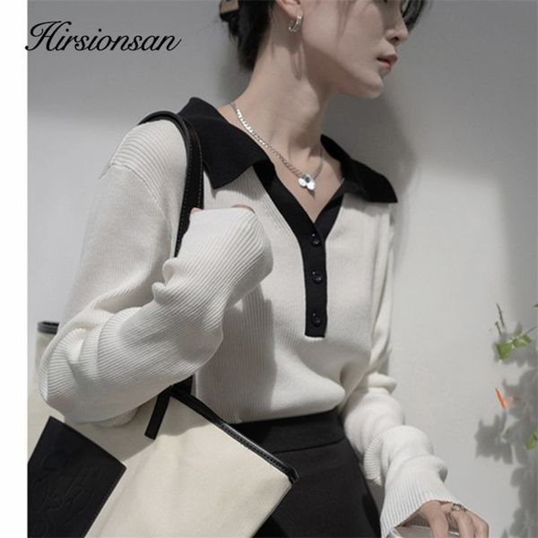hirsionsan pichwork polo neck sweater women korean slim knitted female loose turn down neck ladies jumpers 220816, White;black
hirsionsan pichwork polo neck sweater women korean slim knitted female loose turn down neck ladies jumpers 220816, White;black