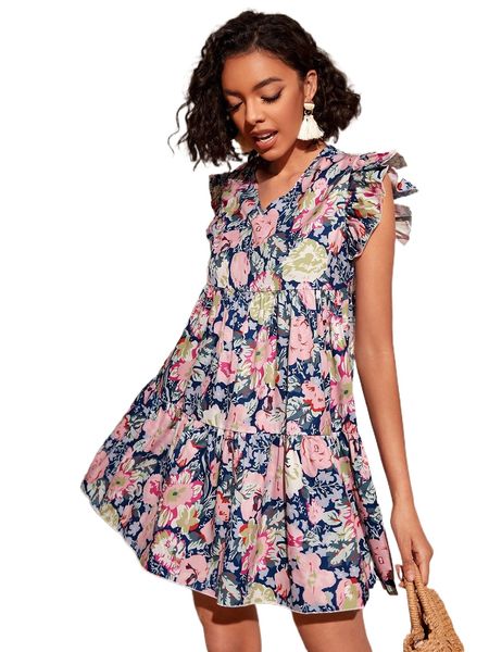 floral print ruffle trim smock dress f5ow#, Black;gray
floral print ruffle trim smock dress f5ow#, Black;gray