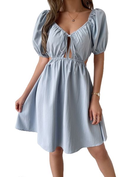 cut out knot front puff sleeve dress b2sz#, Black;gray
cut out knot front puff sleeve dress b2sz#, Black;gray