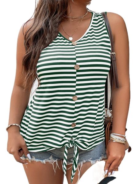 plus striped button detail knot hem tank 93la#, Black 
plus striped button detail knot hem tank 93la#, Black