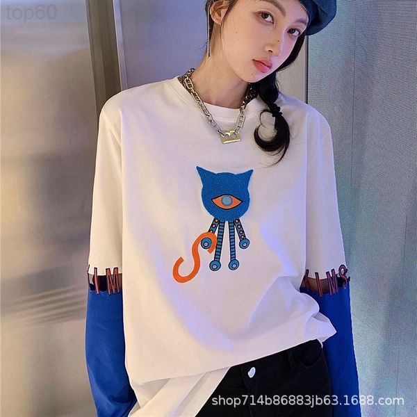 women's t-shirt designer 22 chest contrast cartoon little devil flocking embroidery letter splicing round neck long sleeve fake two loo, White
women's t-shirt designer 22 chest contrast cartoon little devil flocking embroidery letter splicing round neck long sleeve fake two loo, White