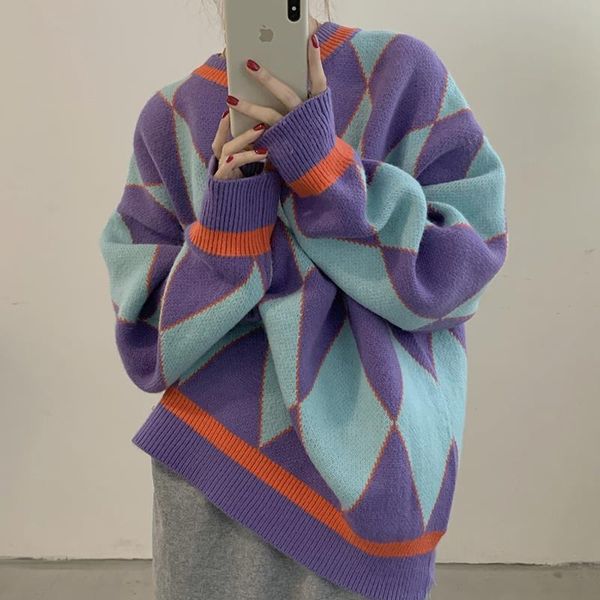 retro sweater women loose contrast color diamond round neck sweater autumn and winter new korean lazy style knitted jacket women, White;black
retro sweater women loose contrast color diamond round neck sweater autumn and winter new korean lazy style knitted jacket women, White;black
