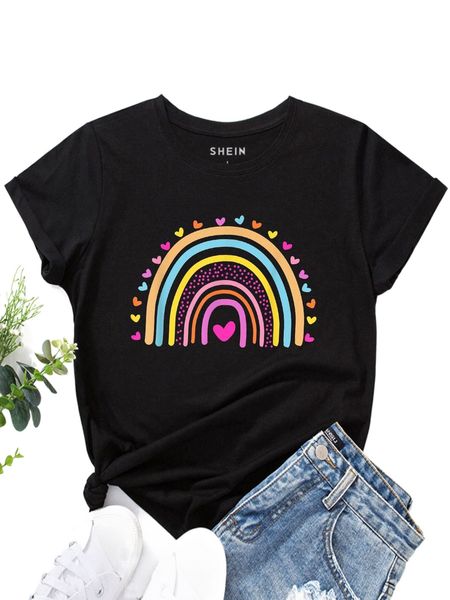 heart and rainbow print tee r6sj#, White