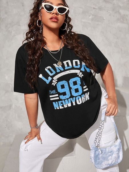 plus letter print round neck tee r9yf#, Black