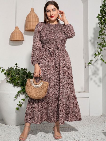 plus leopard print shirred lantern sleeve ruffle hem belted dress s27b#, Black
plus leopard print shirred lantern sleeve ruffle hem belted dress s27b#, Black