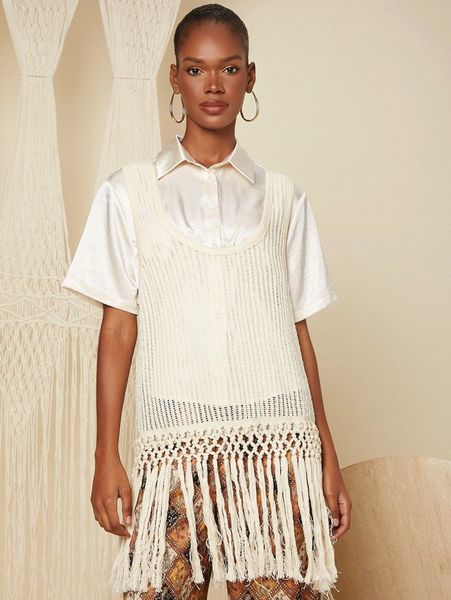 pointelle knit fringe cover up without tee 56zl#, White;black
pointelle knit fringe cover up without tee 56zl#, White;black