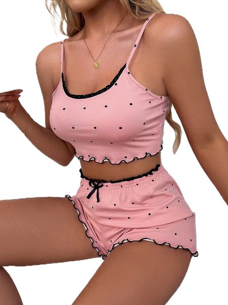 polka dot print lettuce trim lace panel cami & bow front shorts pj set s1mk#, Black;red