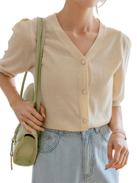 dazy puff sleeve button front cardigan z4n1#, White;black 
dazy puff sleeve button front cardigan z4n1#, White;black