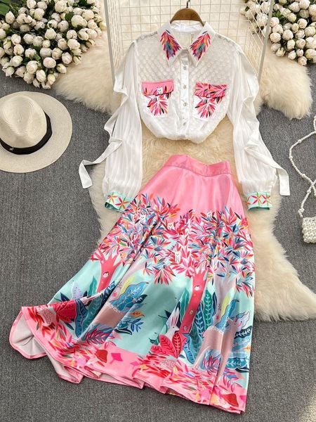 work dresses 2022 fashion runway flower skirt suit women's dot chiffon ribbon blouse shirt and pocket satin print 2 two piece set, White;black
work dresses 2022 fashion runway flower skirt suit women's dot chiffon ribbon blouse shirt and pocket satin print 2 two piece set, White;black