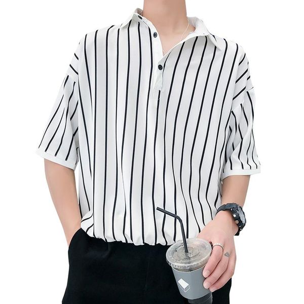 men's polos 2022 summer fashion vertical striped shirts for men loose polyester mens shirt half sleeve dress, White;black
men's polos 2022 summer fashion vertical striped shirts for men loose polyester mens shirt half sleeve dress, White;black