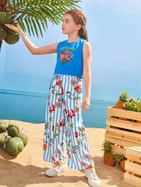 sheen girls floral and lettered tank and wide leg pants set she, White 
sheen girls floral and lettered tank and wide leg pants set she, White
