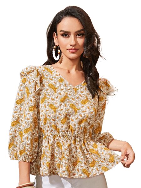 paisley print ruffle trim peplum blouse 13is#, White