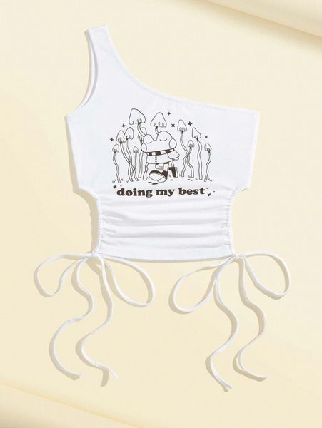 x froginasweater cartoon & slogan graphic ruched knot one shoulder k6u6#, White
x froginasweater cartoon & slogan graphic ruched knot one shoulder k6u6#, White