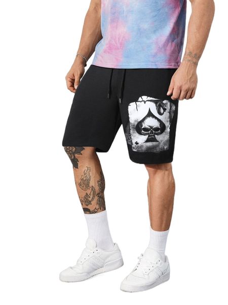 men skull & playing card print drawstring waist shorts u79m#, White;black 
men skull & playing card print drawstring waist shorts u79m#, White;black