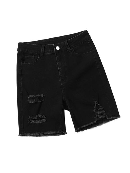 zipper fly ripped raw hem denim shorts h2be#, White;black