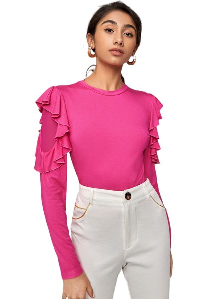 solid ruffle trim tee m3oh#, White
solid ruffle trim tee m3oh#, White