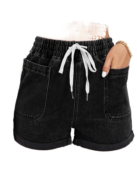 women's drawstring high waisted straight leg denim shorts front pockets jeans j9yk#, White;black
women's drawstring high waisted straight leg denim shorts front pockets jeans j9yk#, White;black