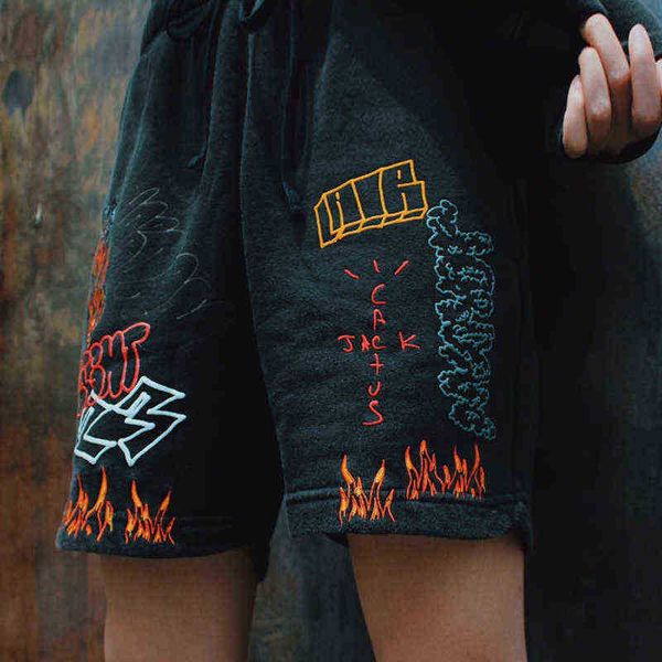 ts travis scott co branded aj embroidered flame shorts casual capris high street fashion brand, White;black
ts travis scott co branded aj embroidered flame shorts casual capris high street fashion brand, White;black