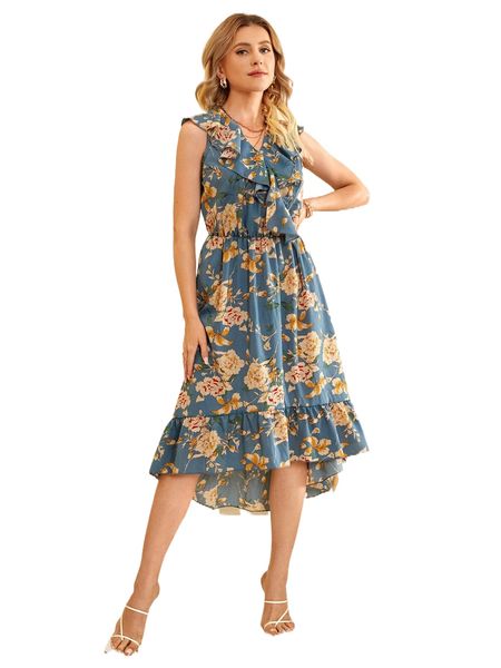 1pc floral print ruffle trim dress z4te#, Black;gray
1pc floral print ruffle trim dress z4te#, Black;gray