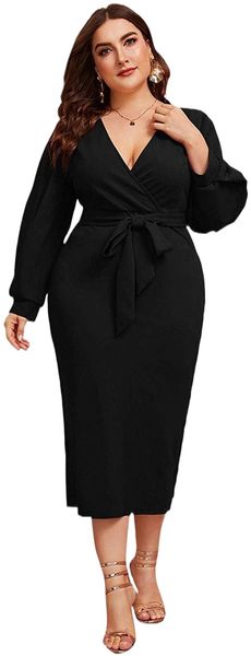 women's plus size bishop sleeve plunging v neck belted bodycon dress d9ni#, White;black
women's plus size bishop sleeve plunging v neck belted bodycon dress d9ni#, White;black