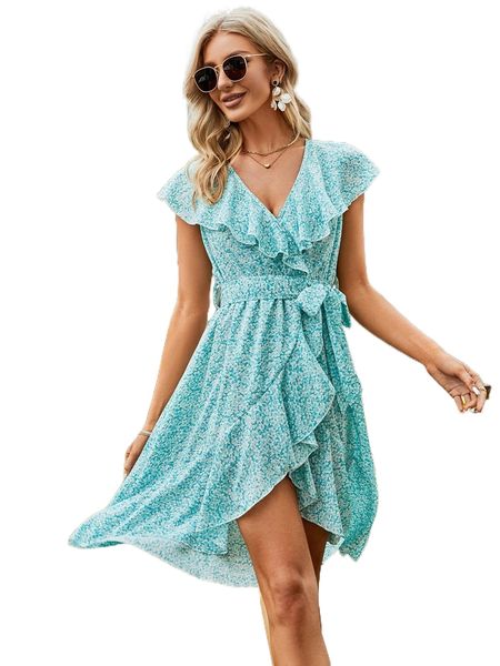 ditsy floral ruffle trim belted wrap dress q92l#, Black;gray
ditsy floral ruffle trim belted wrap dress q92l#, Black;gray