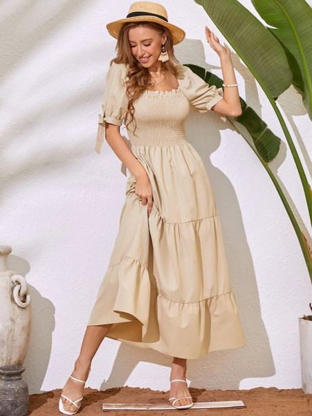 tie cuff puff sleeve shirred ruffle hem dress b4l3#, Black;gray