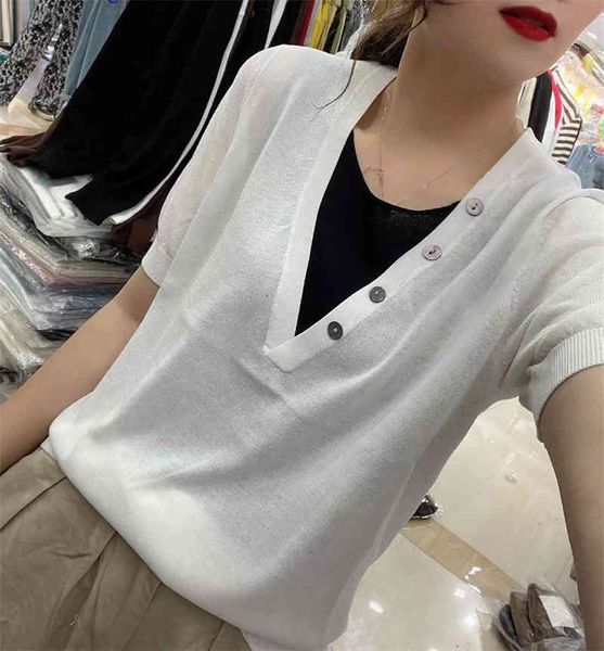women's sweaters v-neck fake two piece ice linen sweater short sleeve t-shirt women's summer stripe pullover thin 78cf, White;black
women's sweaters v-neck fake two piece ice linen sweater short sleeve t-shirt women's summer stripe pullover thin 78cf, White;black