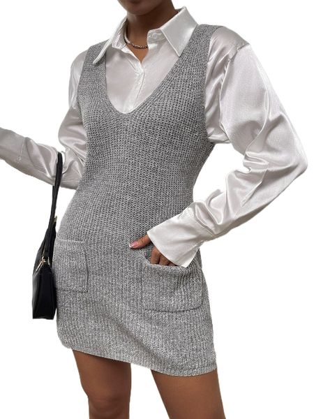 dual pocket sweater dress without blouse c1go#, White;black 
dual pocket sweater dress without blouse c1go#, White;black