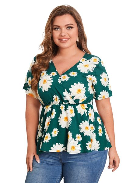 plus floral print overlap collar peplum hem blouse 913t#, Black