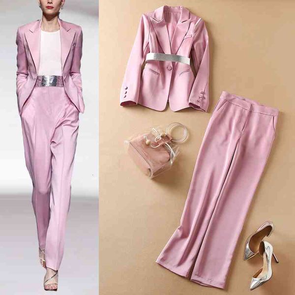women's two piece pants temperament women's suit autumn pink one button with belt straight pants two-piece set, White
women's two piece pants temperament women's suit autumn pink one button with belt straight pants two-piece set, White