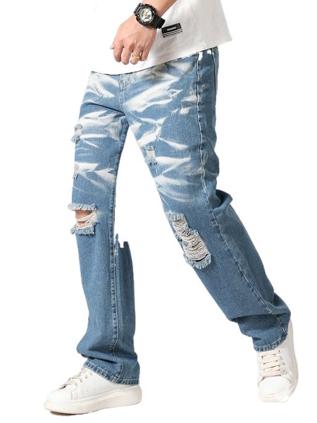 men ripped detail straight leg jeans q7i4#, Blue