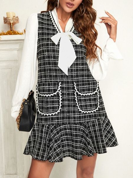 plaid pattern flounce sleeve tie neck ruffle hem tweed smock dress n8yj#, Black;gray
plaid pattern flounce sleeve tie neck ruffle hem tweed smock dress n8yj#, Black;gray