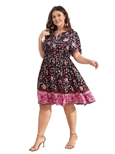 plus floral print fold pleated dress y67w#, Black 
plus floral print fold pleated dress y67w#, Black