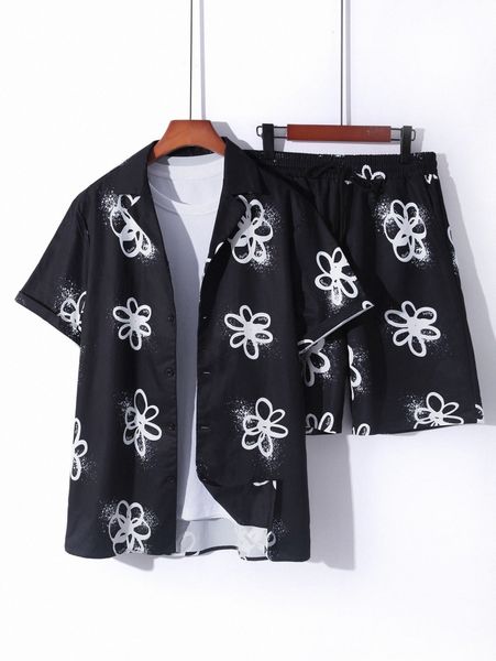 men random floral print shirt & drawstring waist shorts without tee 92ap#, Gray
men random floral print shirt & drawstring waist shorts without tee 92ap#, Gray