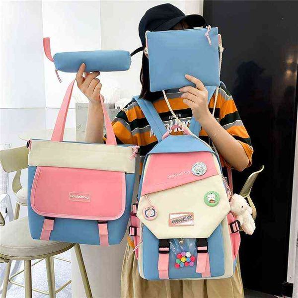 4-piece set fashion women's backpack trend badge canvas school bag for girls cute pendant contrast color shoulder bags scoolbags aa2203
4-piece set fashion women's backpack trend badge canvas school bag for girls cute pendant contrast color shoulder bags scoolbags aa2203