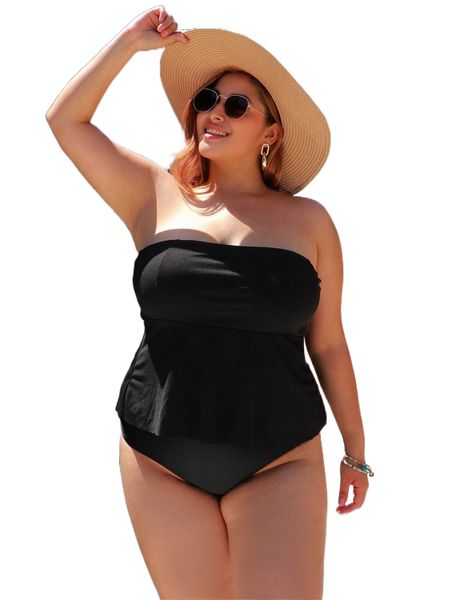 plus rib ruffle hem bandeau tankini d80k#, White;black
plus rib ruffle hem bandeau tankini d80k#, White;black