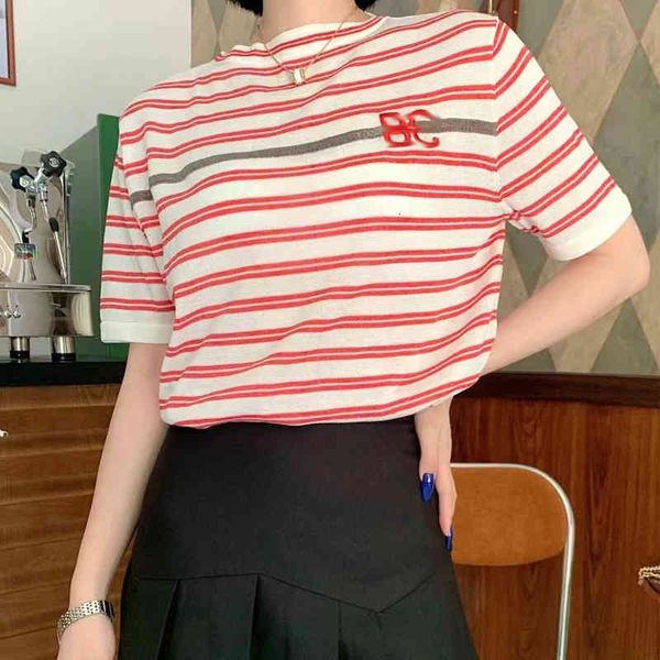 women's t-shirt bc spring and summer red stripe pullover short sleeve women's heavy industry nail bead embroidery versatile temper, White
women's t-shirt bc spring and summer red stripe pullover short sleeve women's heavy industry nail bead embroidery versatile temper, White
