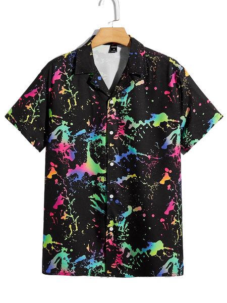 men splash print lapel neck shirt k32o#, White;black 
men splash print lapel neck shirt k32o#, White;black